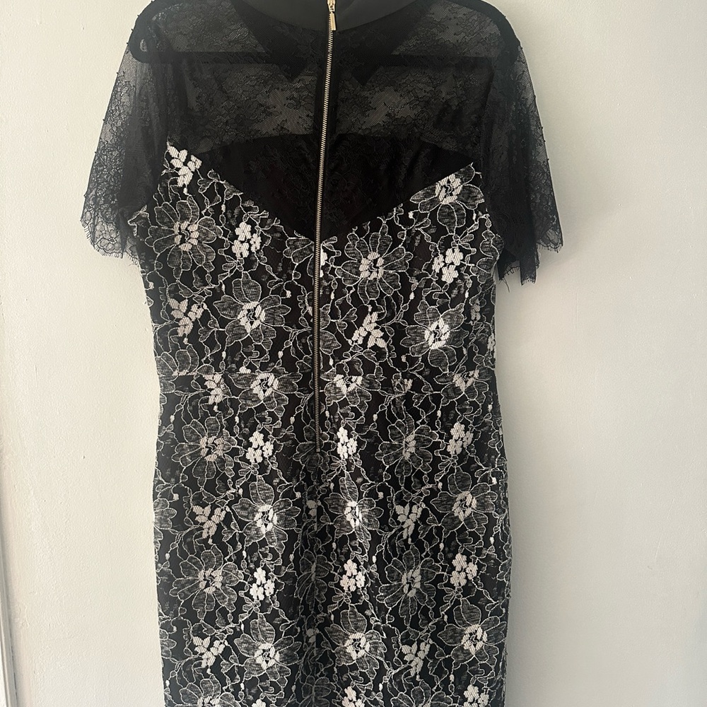 Lace illusion style Karl Lagerfeld dress with collar and gold zipper detail.